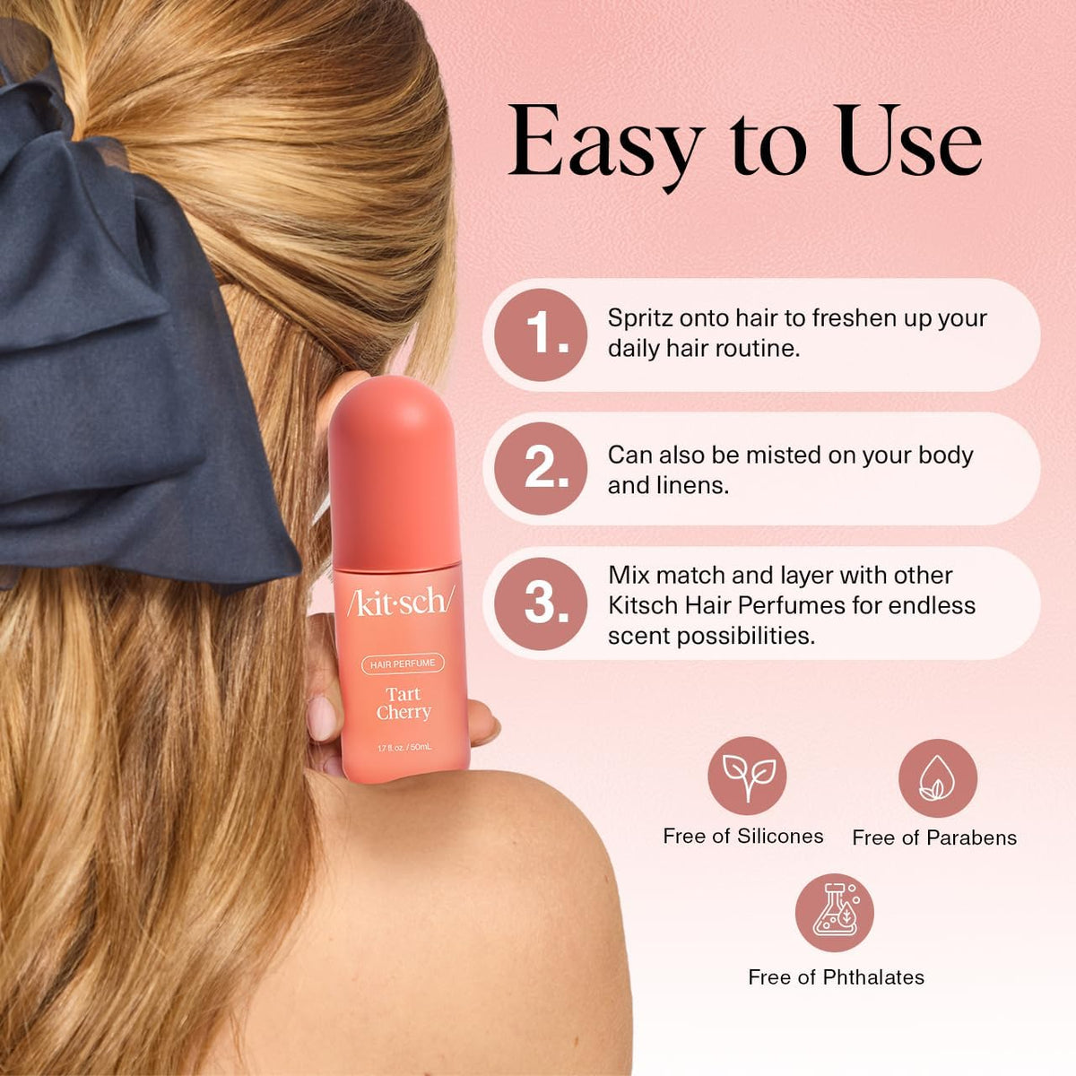 Kitsch fine mist texture dispersing evenly for lightweight, non-sticky fragrance benefit