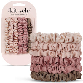 Kitsch front packaging showing six terracotta satin scrunchies, neat presentation benefit
