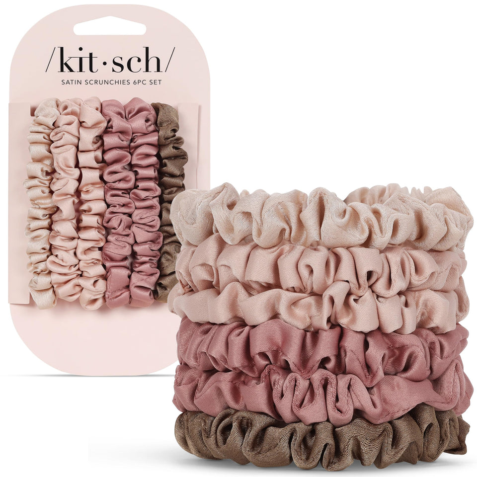 Kitsch front packaging showing six terracotta satin scrunchies, neat presentation benefit