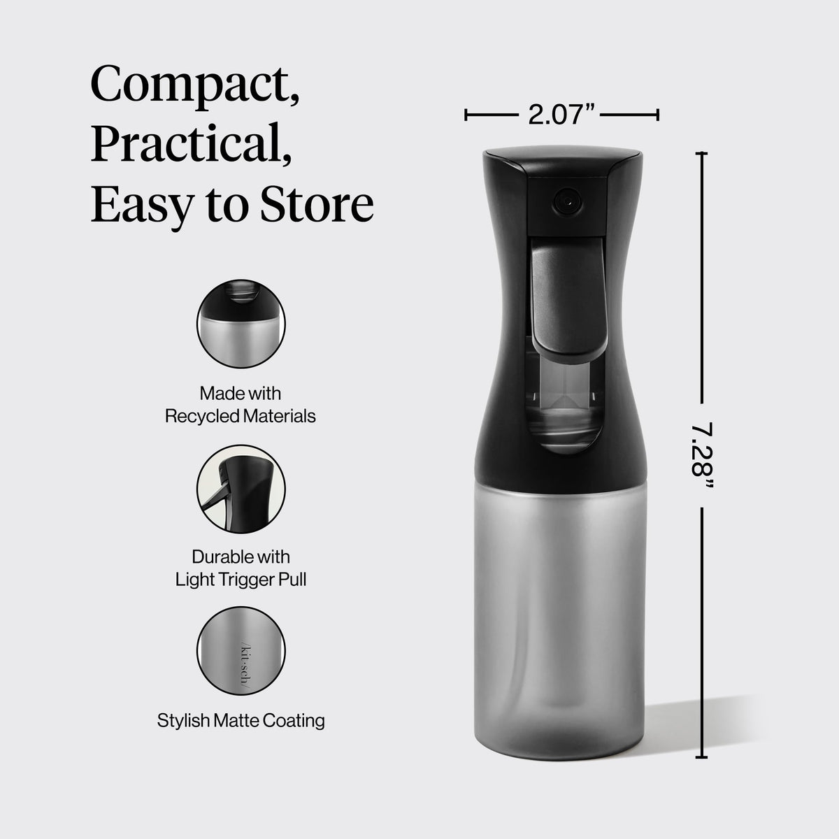 Kitsch nozzle detail and bottle texture highlighting clog-resistant construction