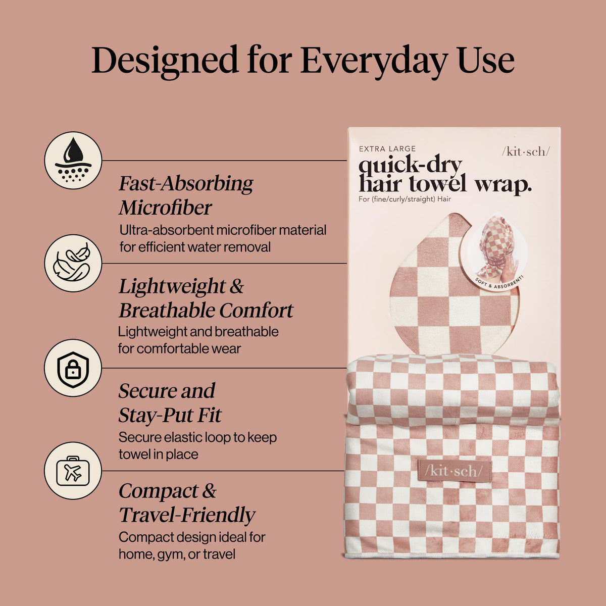 Kitsch towel in use on wet curly hair reducing frizz and preserving curls