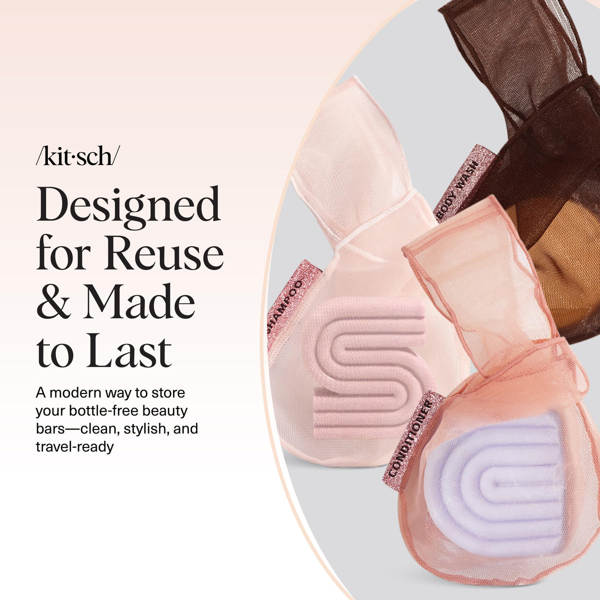 Kitsch set packed in gym bag illustrating on-the-go bottle-free beauty convenience
