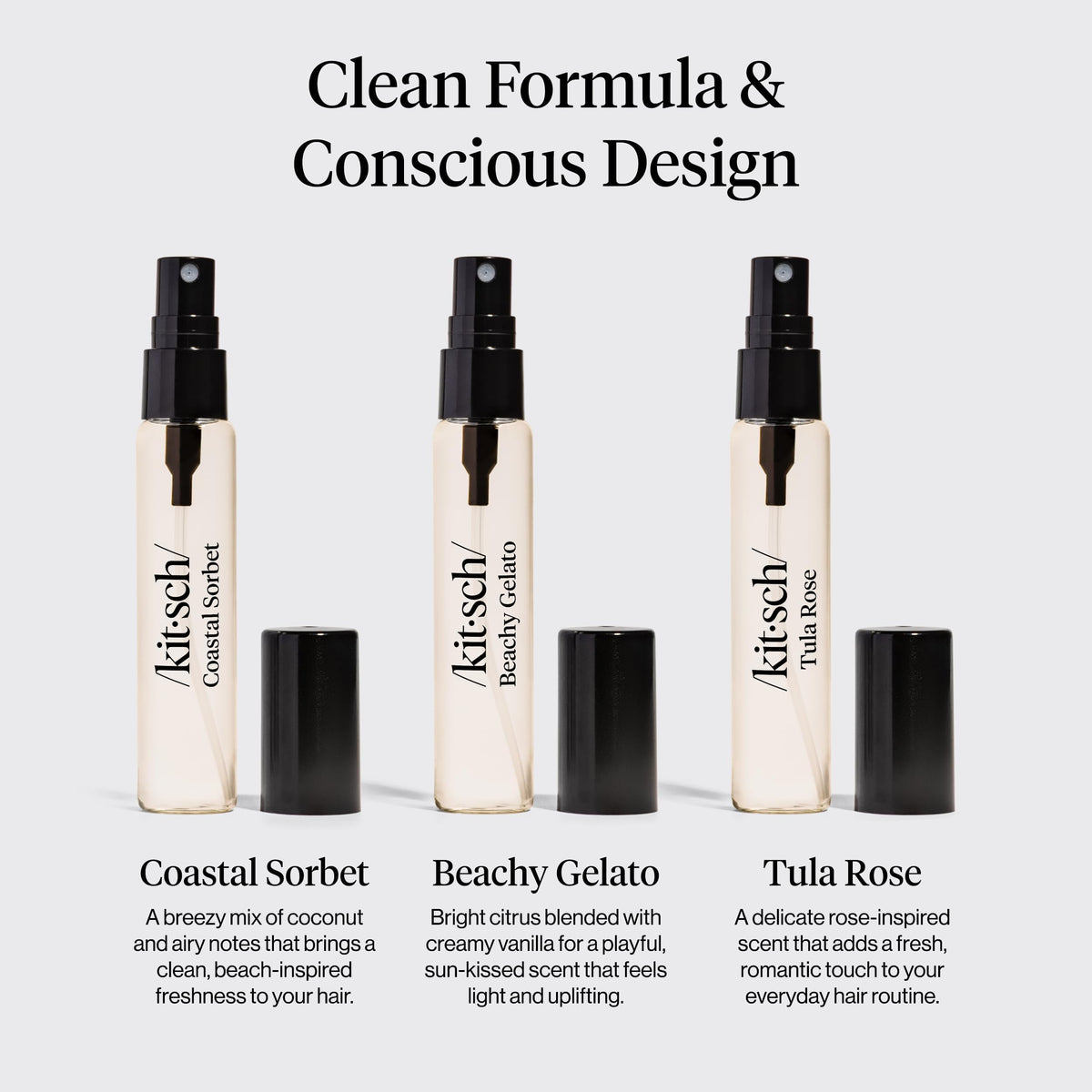 Kitsch trio in hand to show 10mL travel size and convenient portability benefit