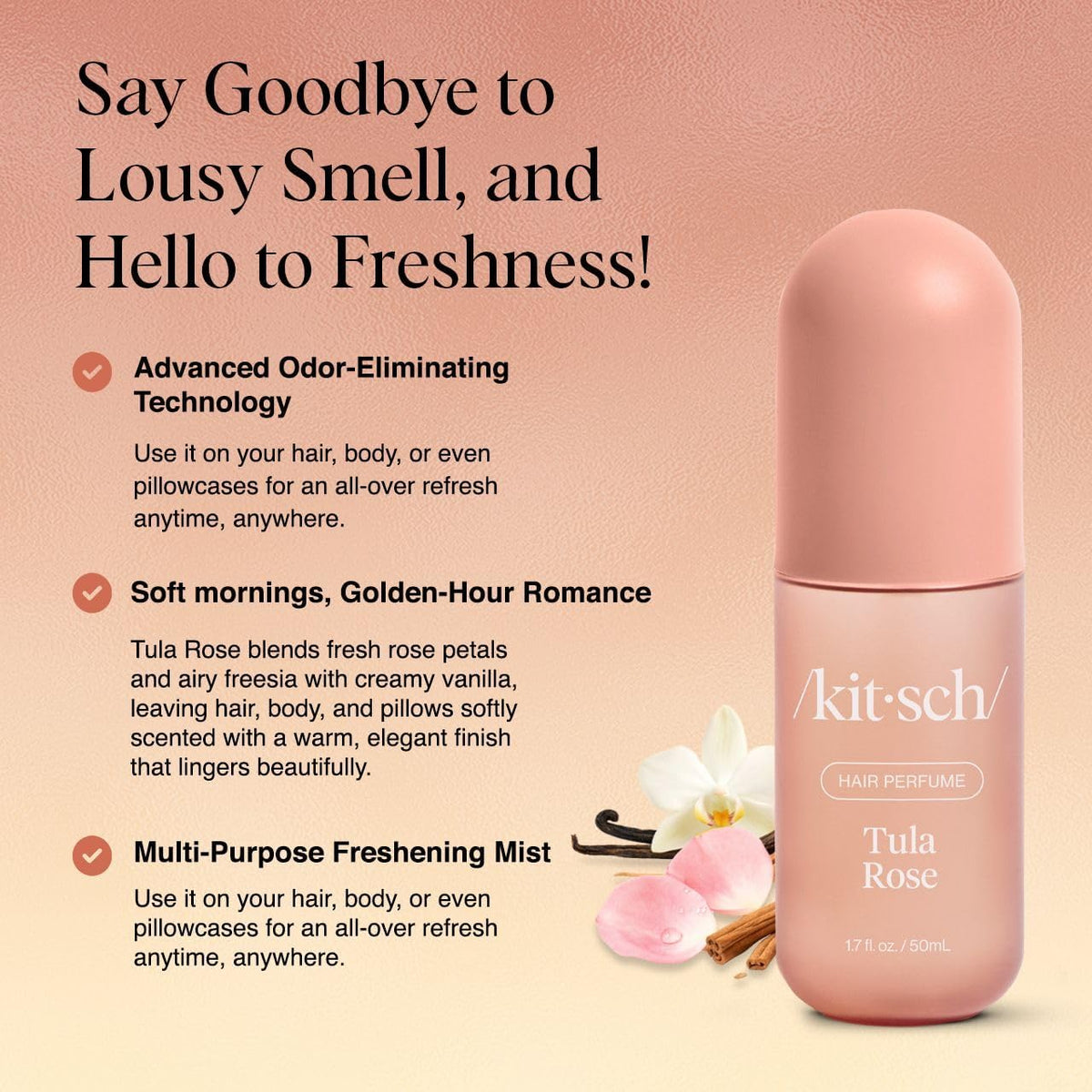 Kitsch Tula Rose fine mist spraying to refresh hair quickly and neutralize odors