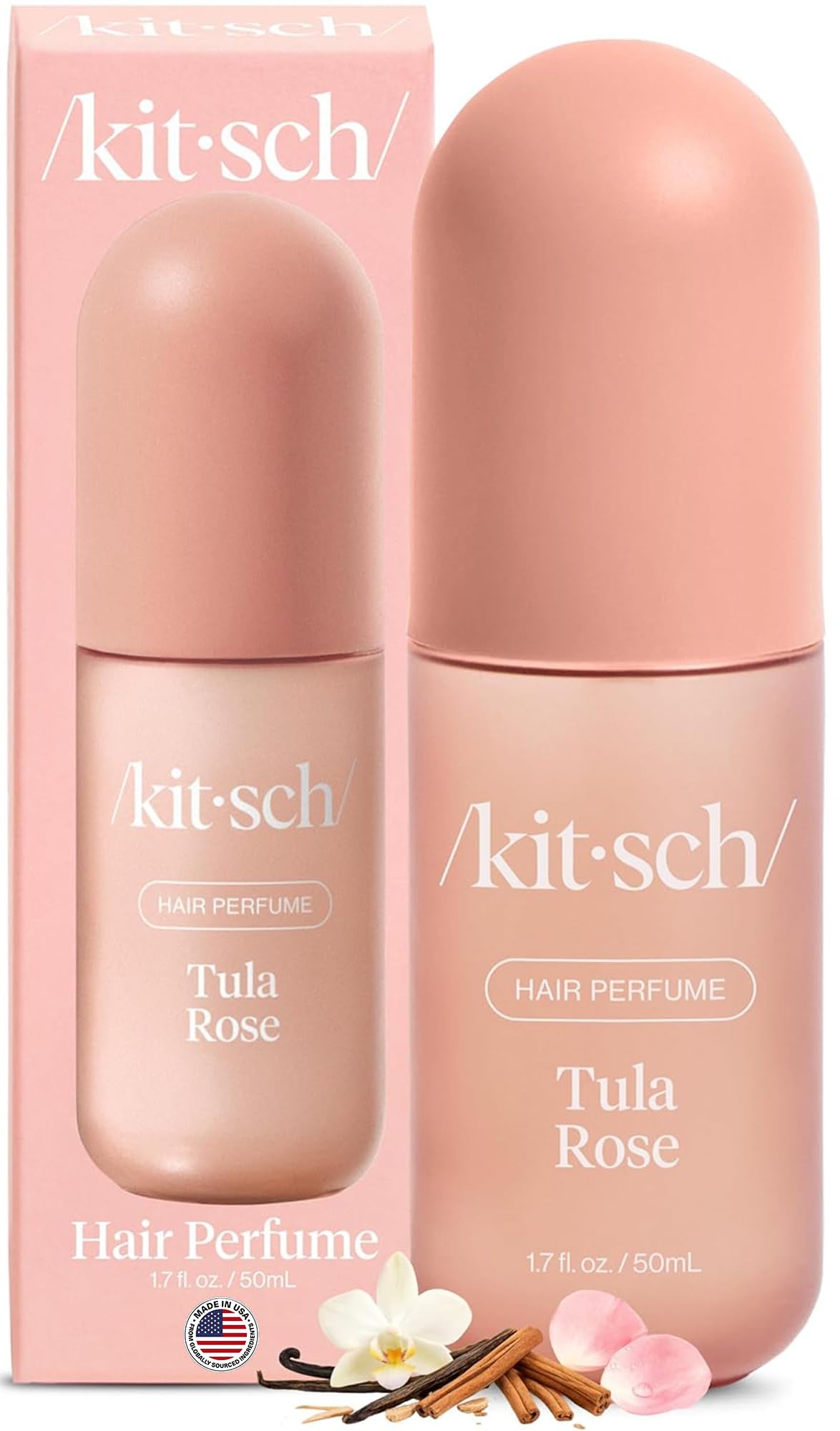Kitsch Tula Rose front packaging showing 50mL travel bottle and floral-vanilla scent benefit