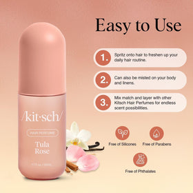 Kitsch Tula Rose droplets on hair demonstrating lightweight texture and non-greasy finish