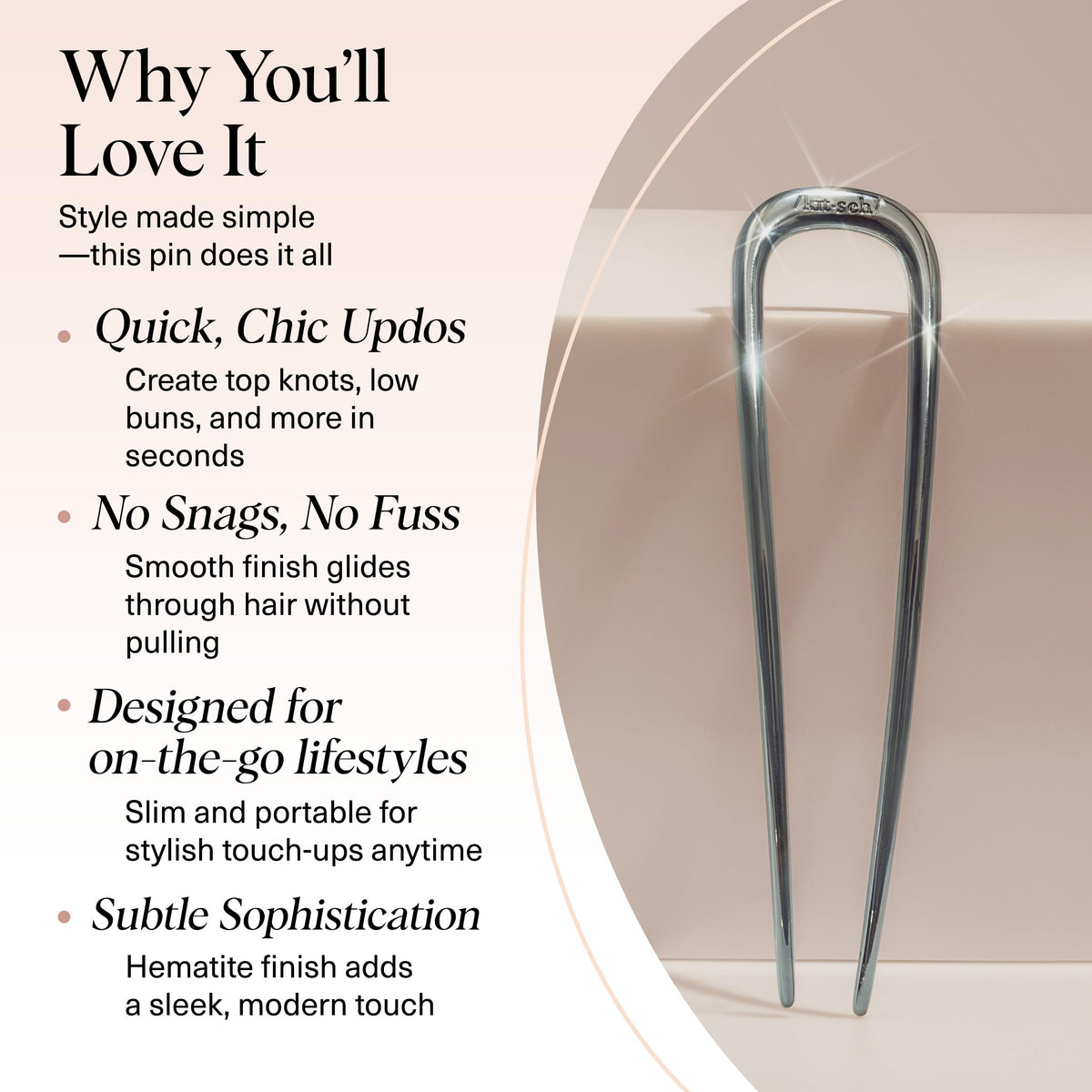 Kitsch hair pin securing a bun demonstrates firm hold and comfortable fit