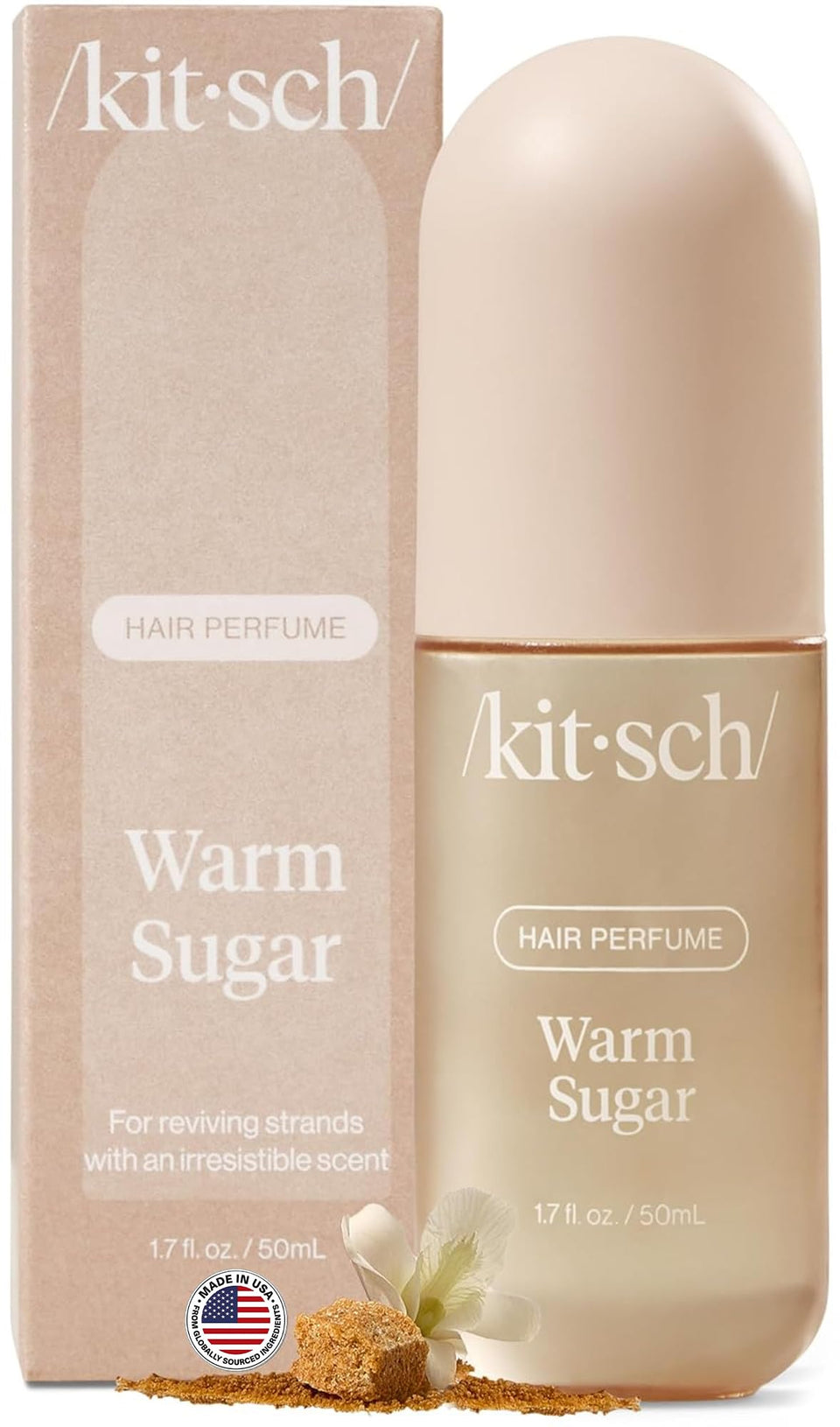 Kitsch bottle front packaging showing warm sugar scent and travel size benefit