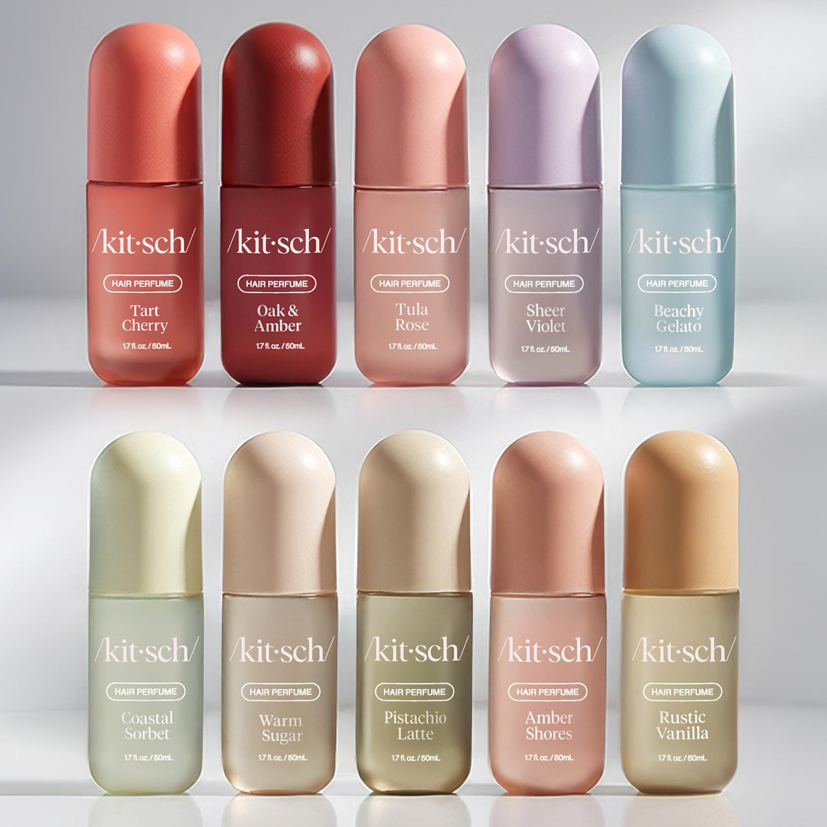 Kitsch group of scent bottles conveying variety and mood-boosting fragrance