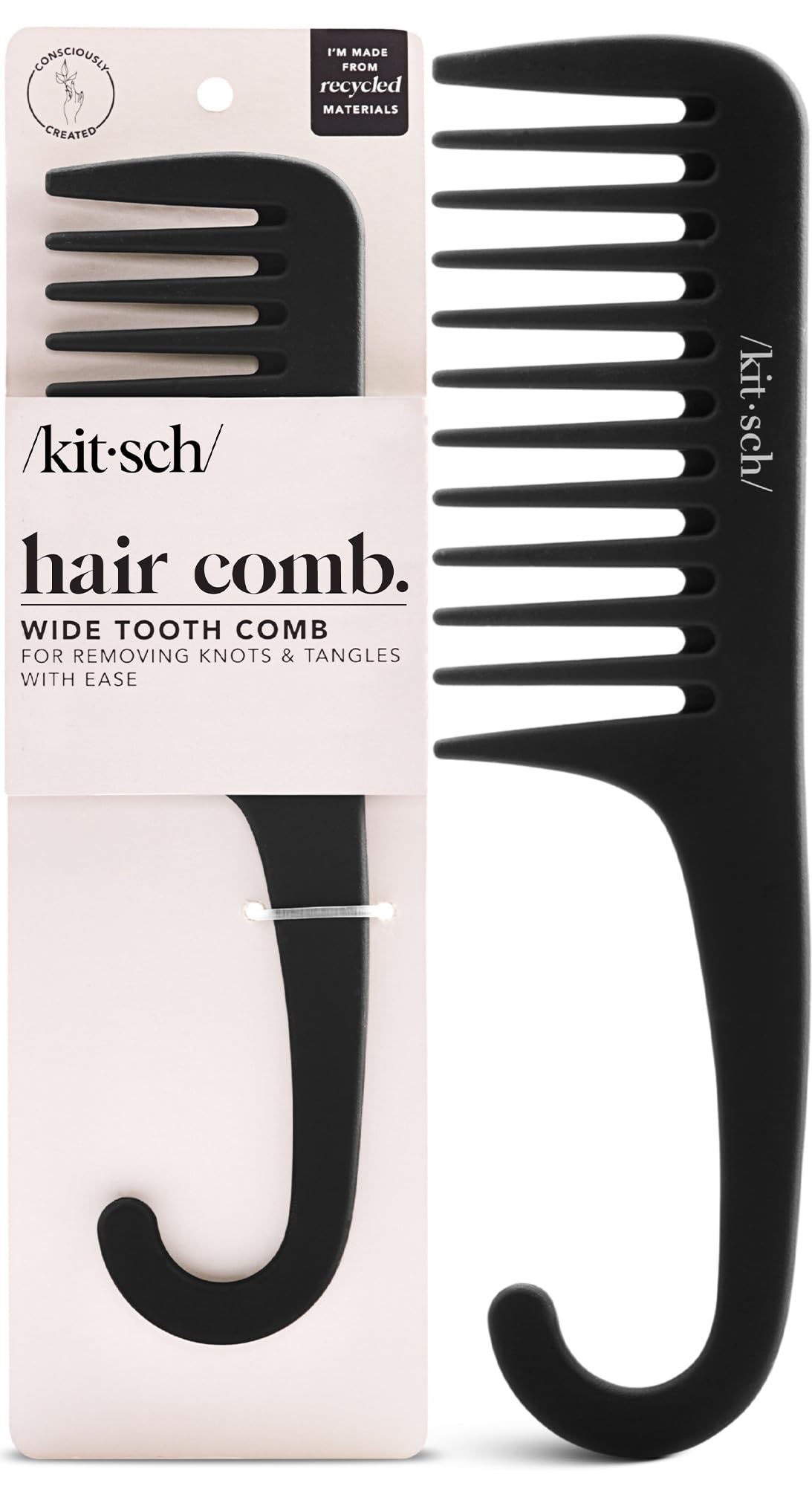 Kitsch wide tooth comb front view showing full shape and clean finish for easy detangling