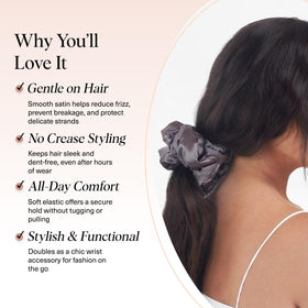Kitsch blush scrunchie in a ponytail, polished look and no crease