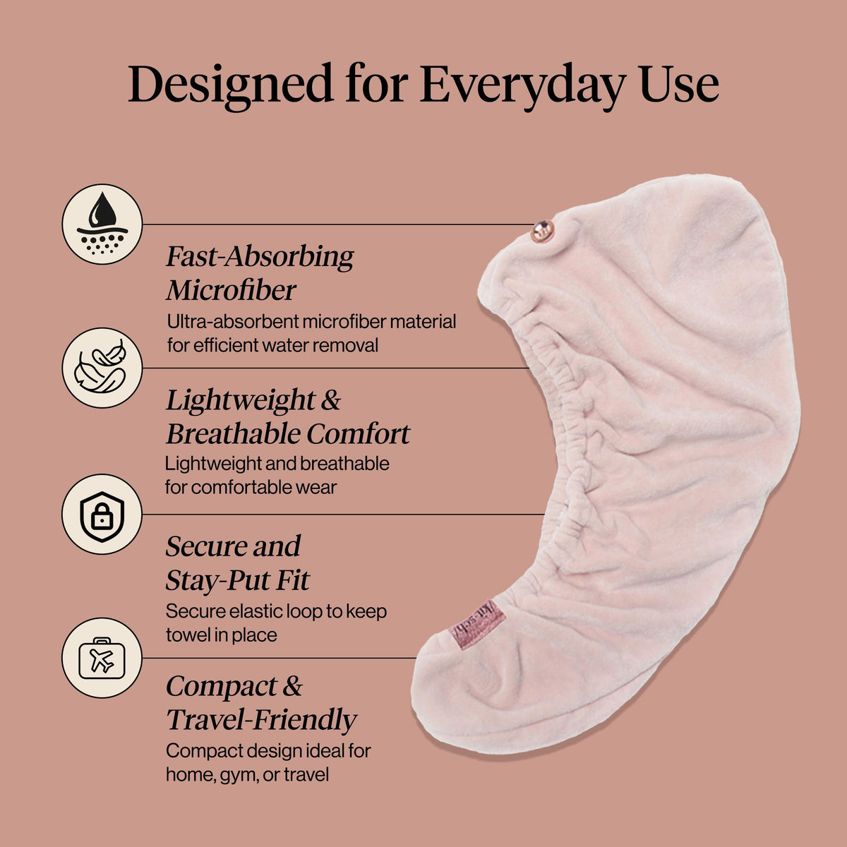 Kitsch towel wrapped on short-haired model demonstrating secure hands-free drying
