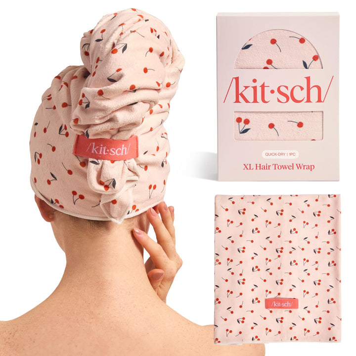 Kitsch front view of XL towel showing full cherry print and shape for fast drying