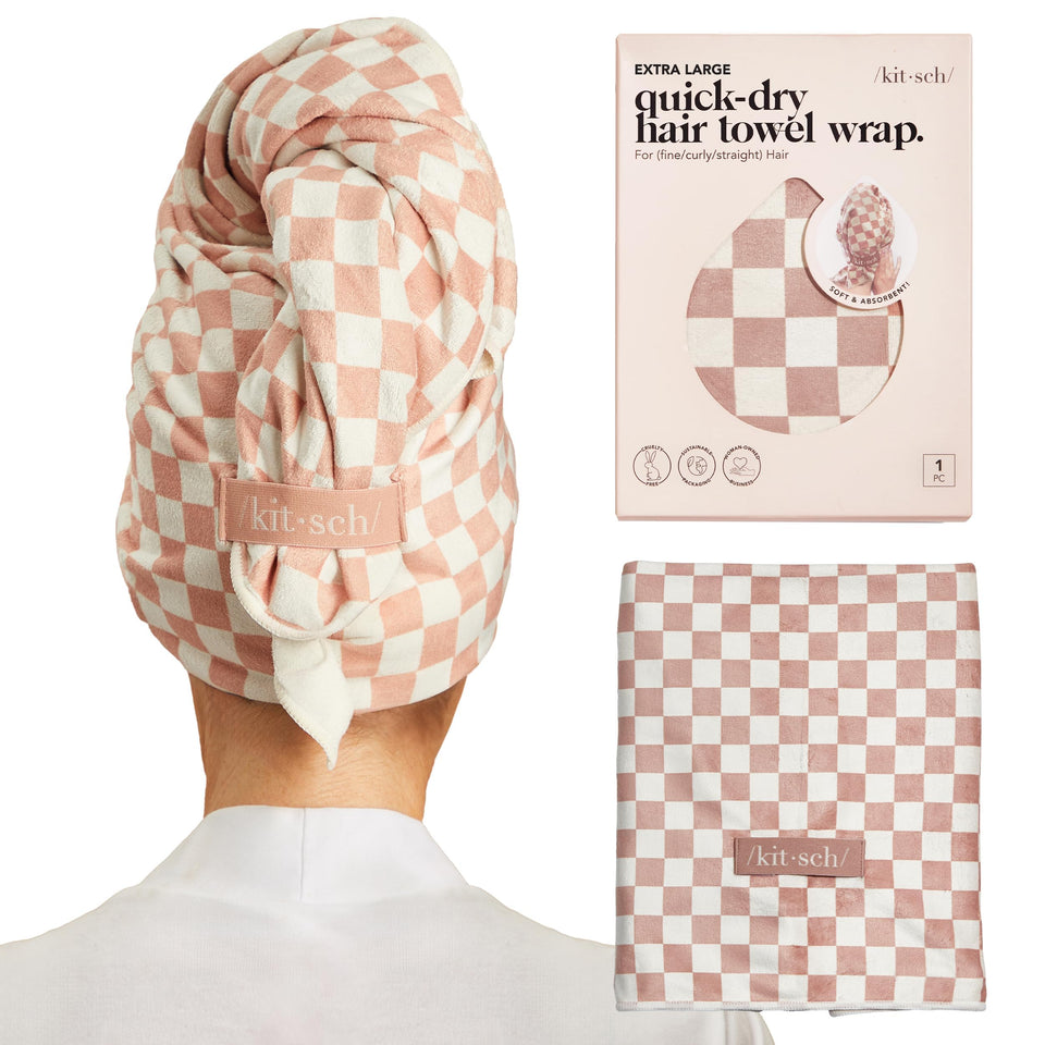 Kitsch towel front packaging showing terracotta checkered pattern and benefits