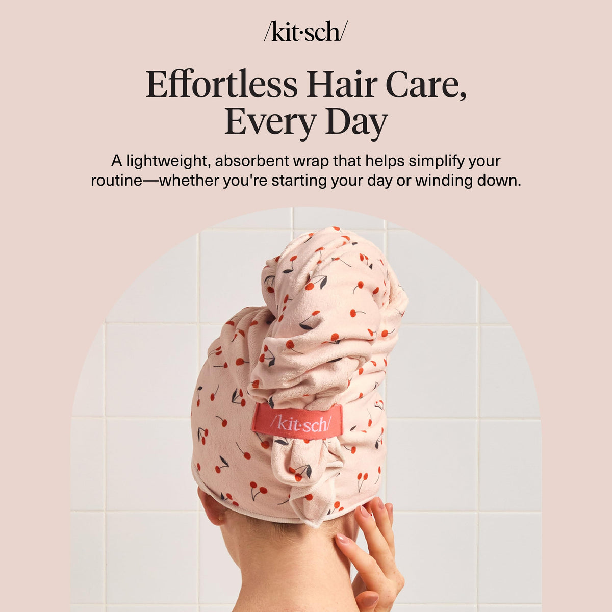 Kitsch lifestyle shot in bathroom showing practical everyday hair‑care use
