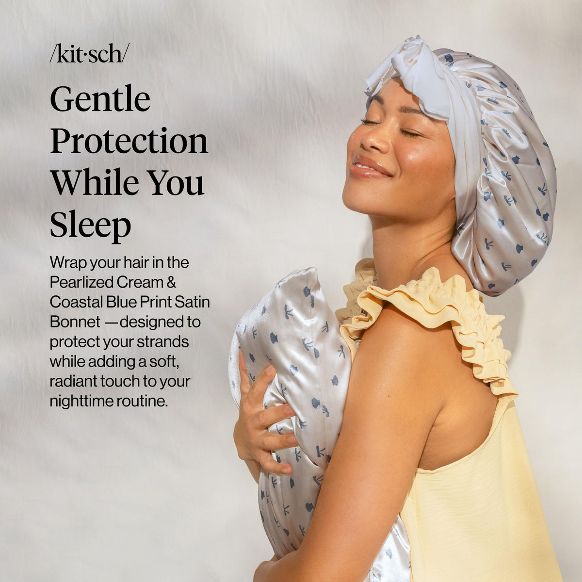 Kitsch satin close-up showing plush softer-than-silk texture benefit: reduced friction and frizz