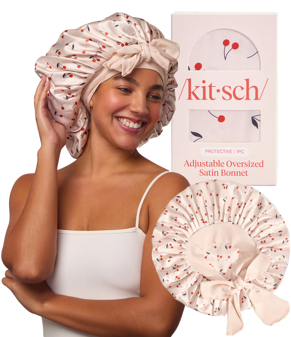 Kitsch XL satin bonnet front view showing cherry print and secure fit benefit