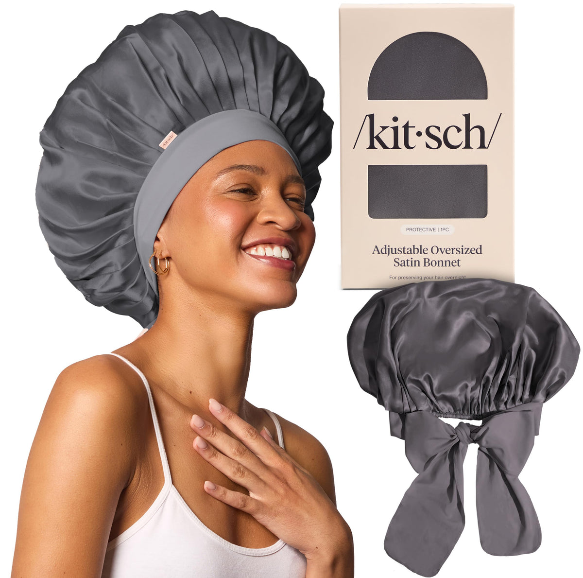 Kitsch bonnet front view showing roomy fit and charcoal color for overnight protection