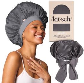Kitsch bonnet front view showing roomy fit and charcoal color for overnight protection