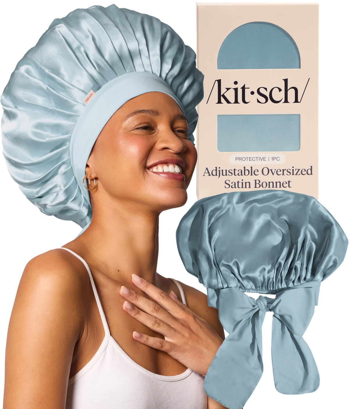 Kitsch bonnet front view showing haze blue color and oversized fit protecting hair