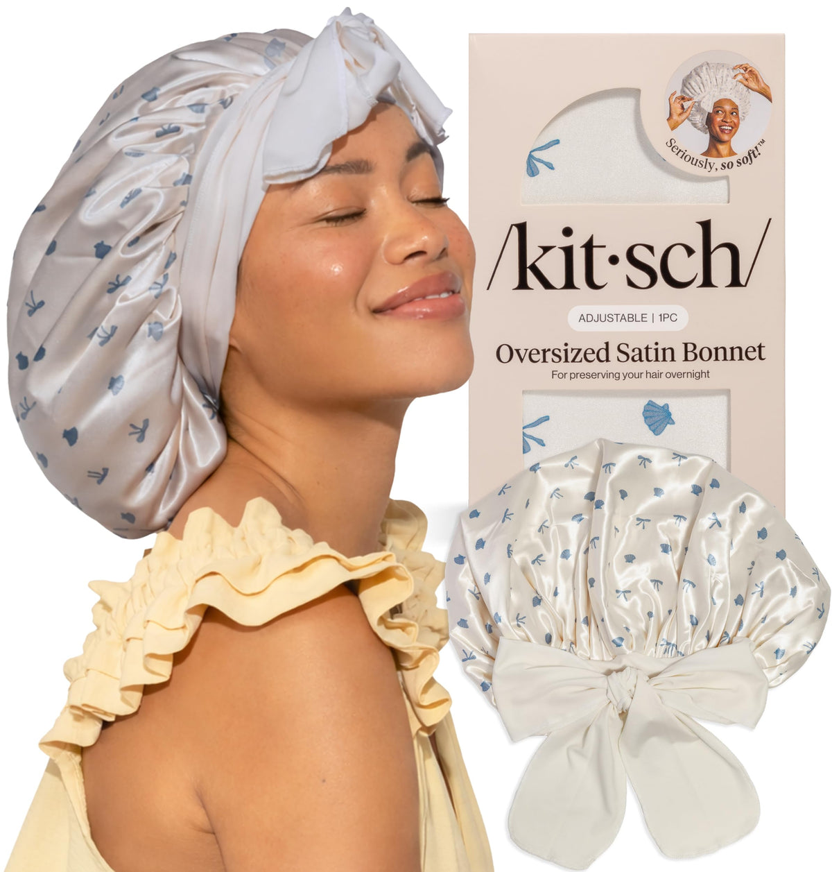 Kitsch bonnet front view showing roomy XL fit and coastal blue print benefit: secure overnight protection