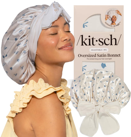 Kitsch bonnet front view showing roomy XL fit and coastal blue print benefit: secure overnight protection