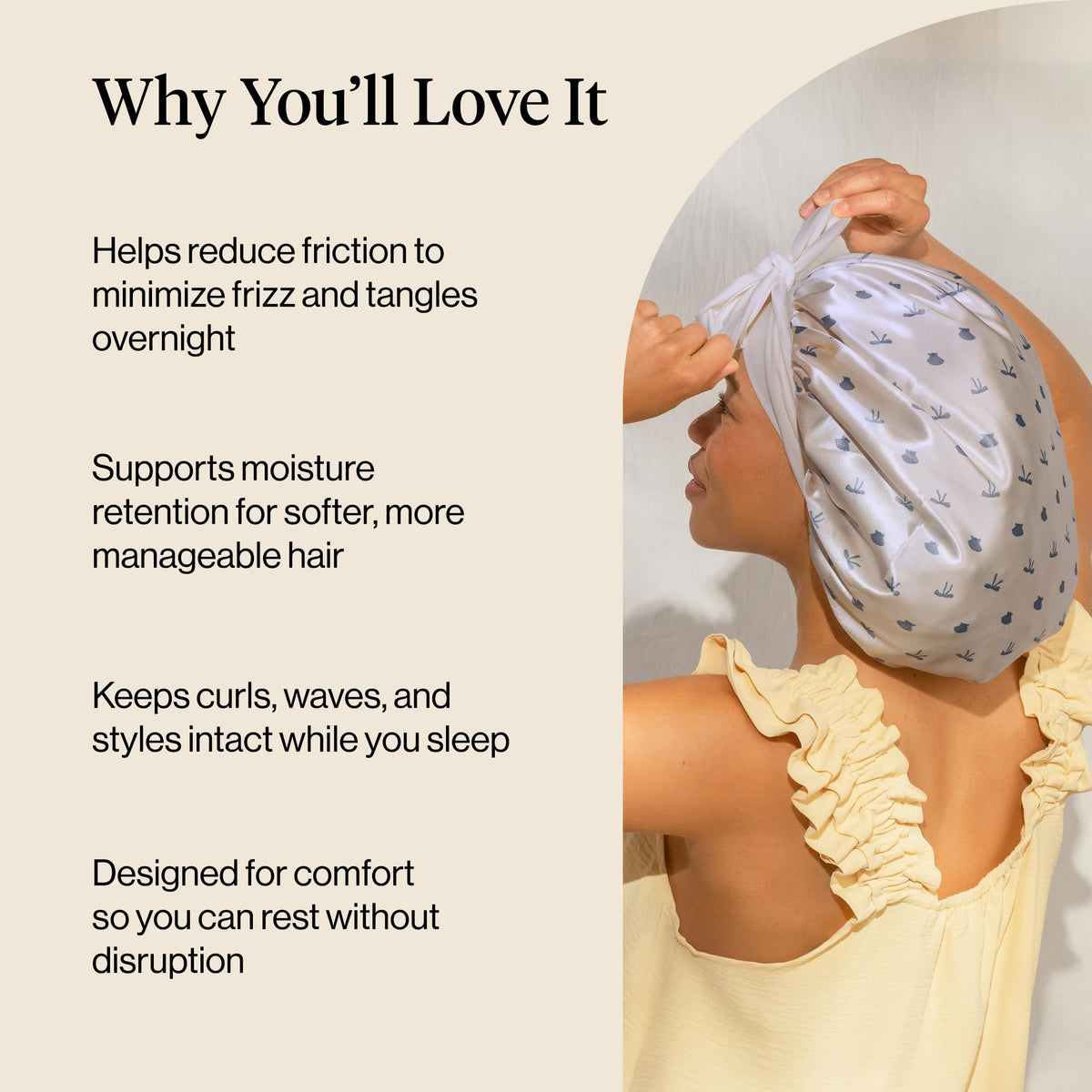 Kitsch bonnet interior showing double-layer lining benefit: extra protection and hair softness