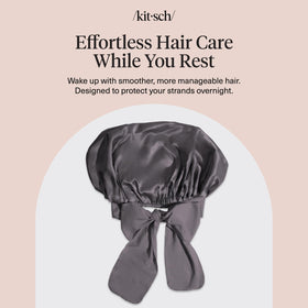 Kitsch bonnet in bedroom setting suggesting nightly routine and sleep-time hair care