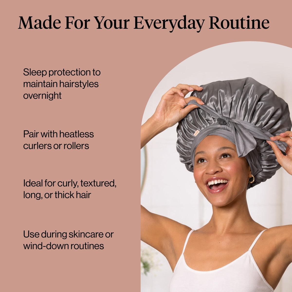 Model wearing Kitsch bonnet on curly hair to maintain moisture and reduce frizz