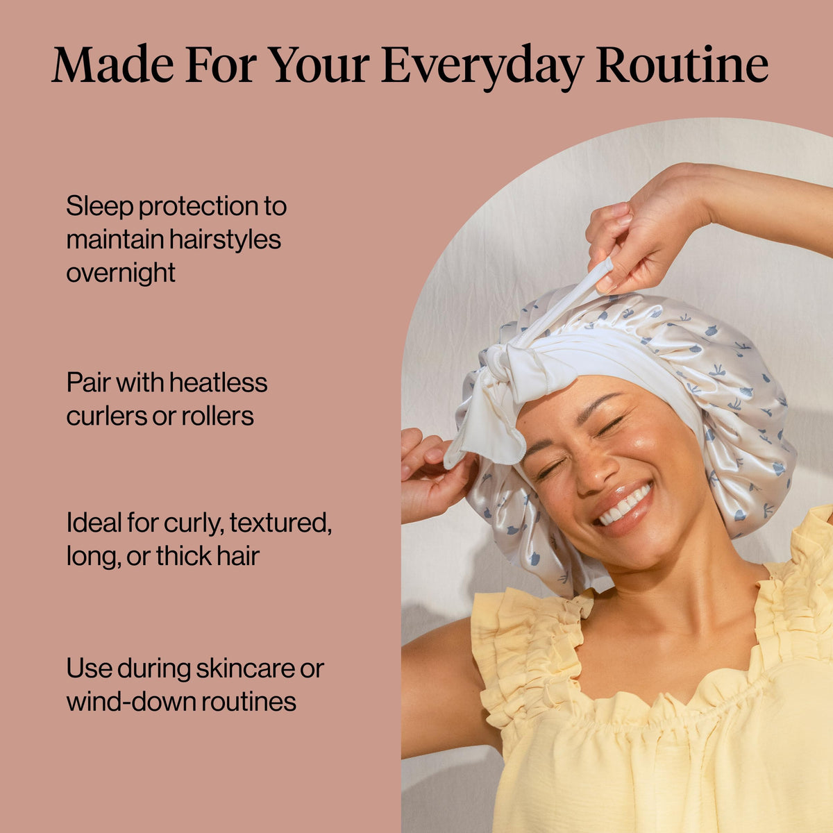 Kitsch bonnet next to hair roller showing scale benefit: fits rollers and preserves curls overnight