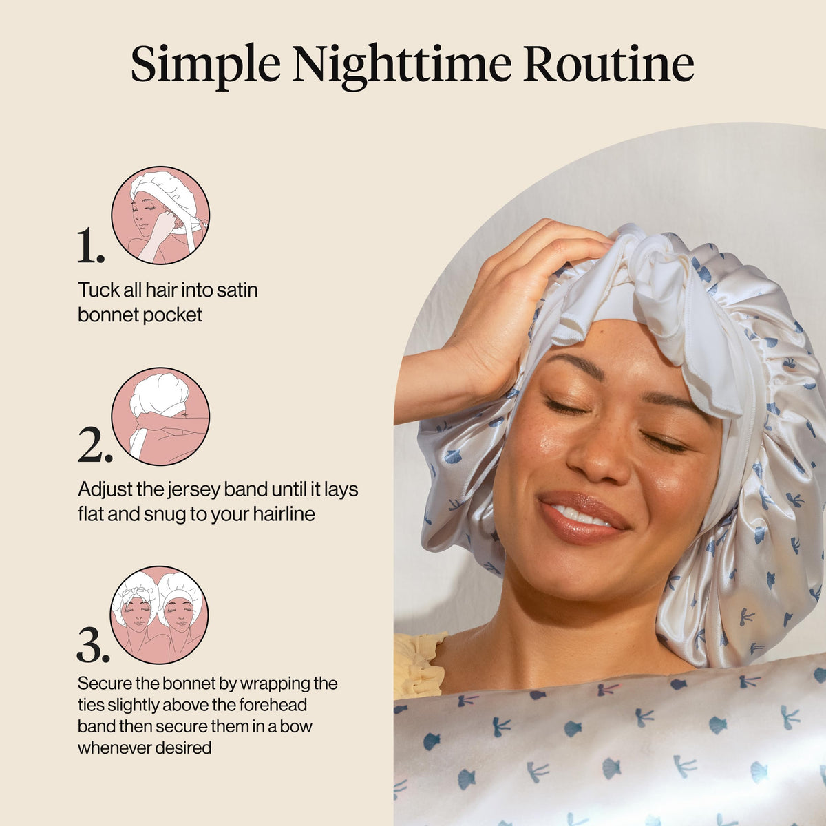 Kitsch bonnet styled on pillow in bedroom setting benefit: elevates nightly hair-care routine