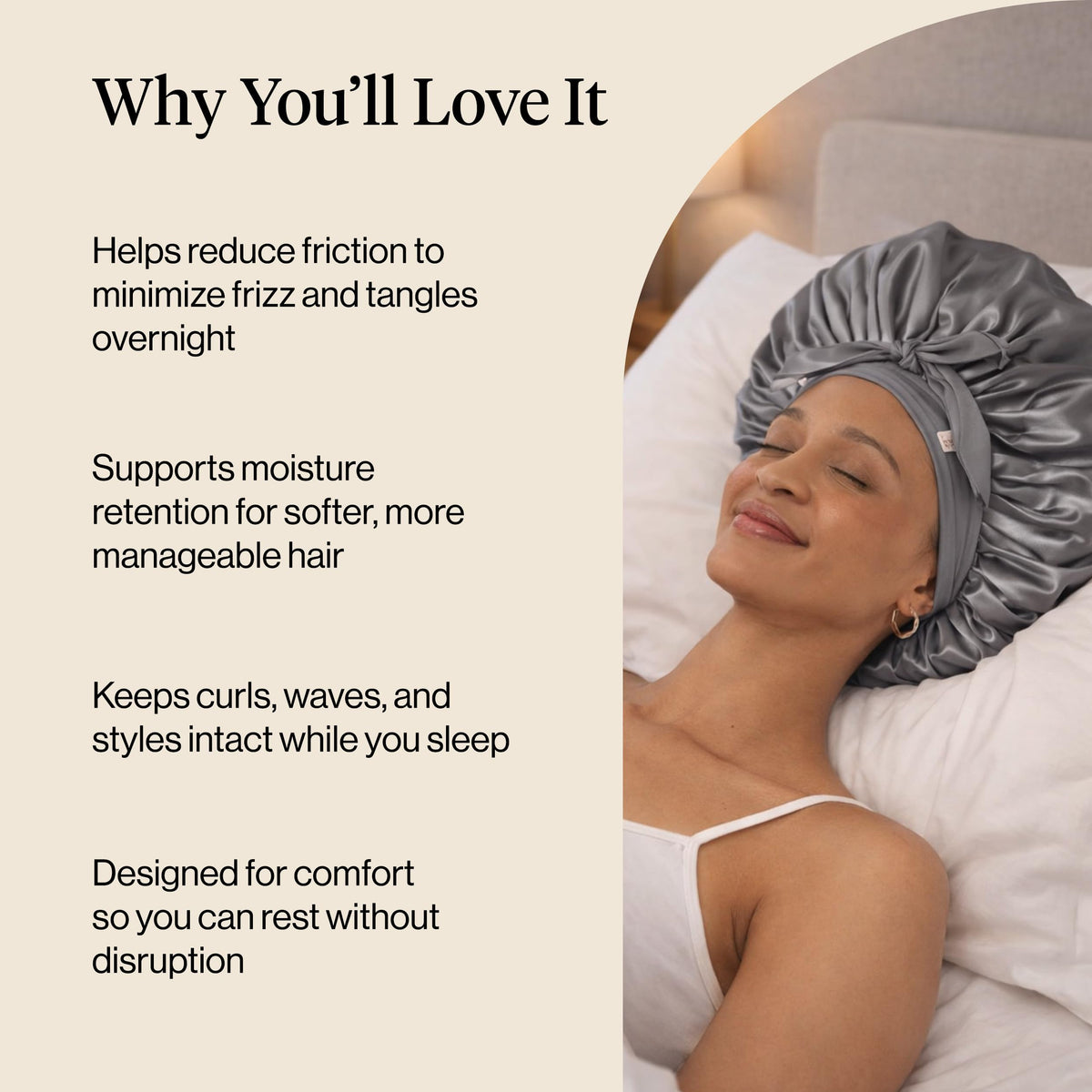 Kitsch bonnet used with heatless curlers to preserve curls and prevent flattening