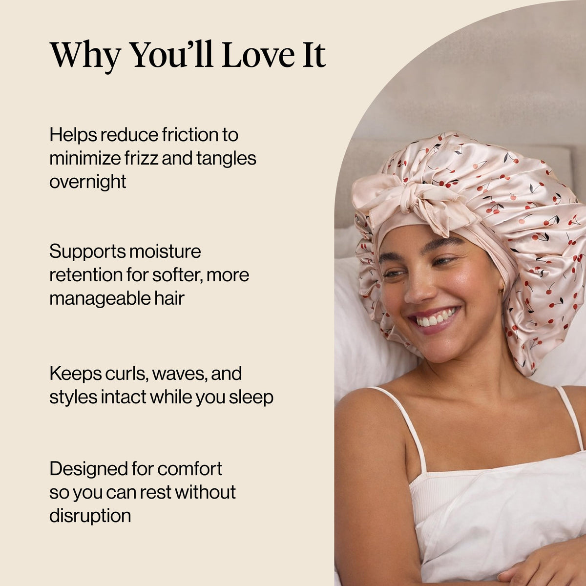 Kitsch bonnet on model with curly hair protecting curls overnight