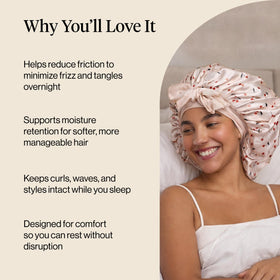 Kitsch bonnet on model with curly hair protecting curls overnight