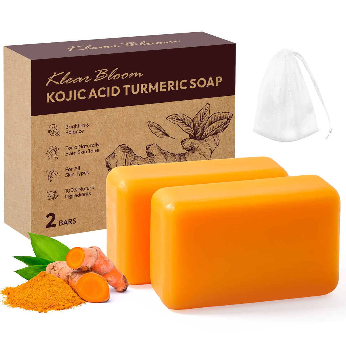 KlearBloom front packaging showing two soap bars and product name for brightening