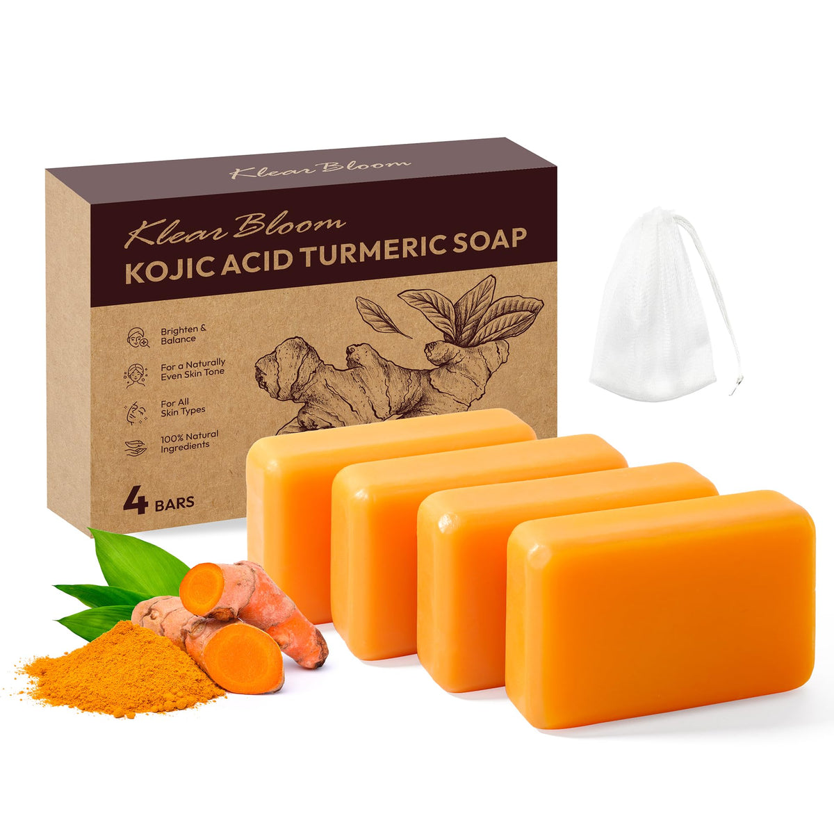 KlearBloom front packaging showing four soap bars and brightening benefits