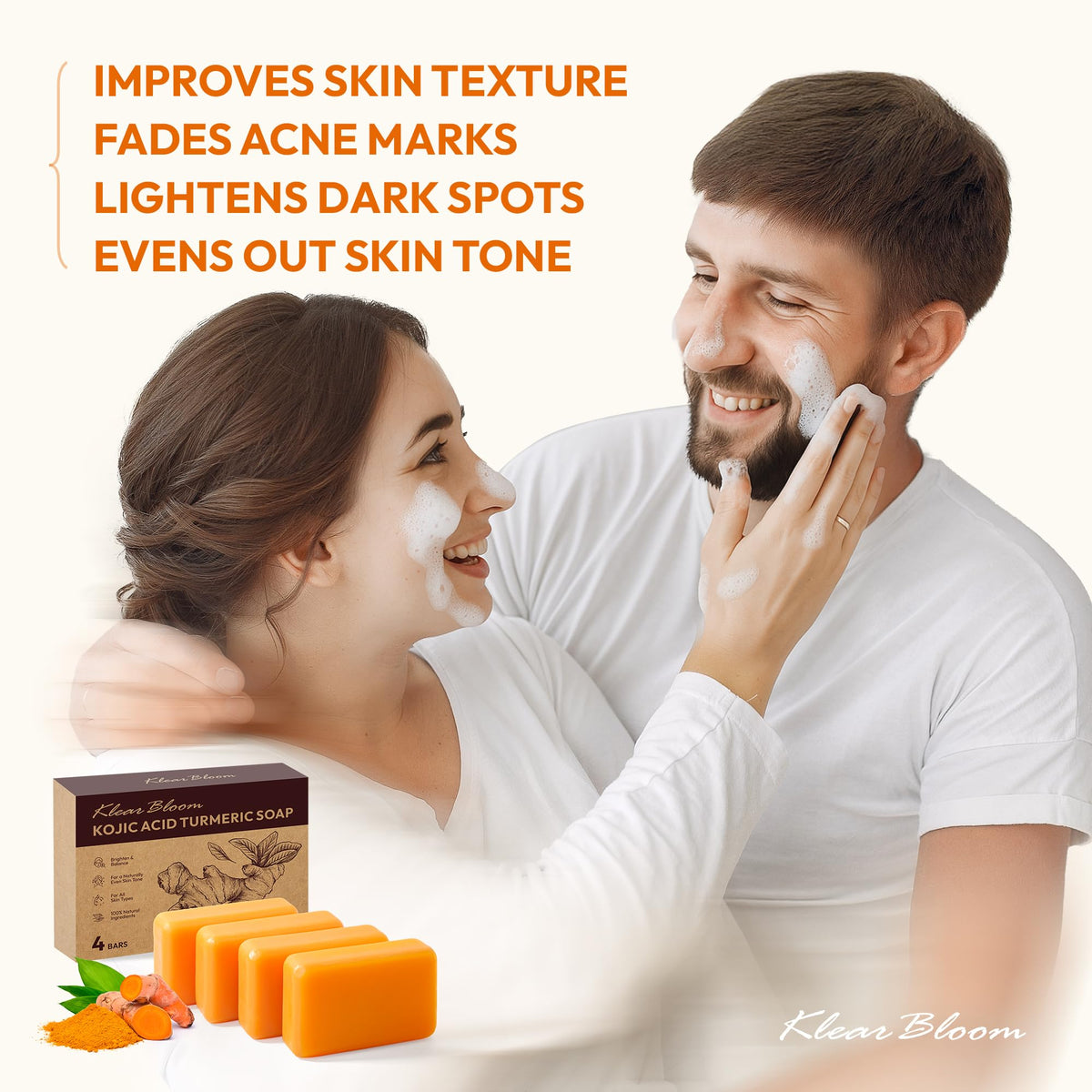 KlearBloom ingredients label showing kojic acid, turmeric, collagen benefits