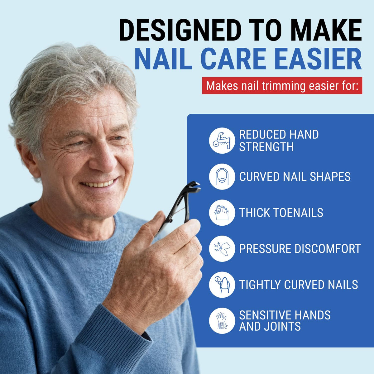 KLIPP in use by a senior trimming a thick toenail demonstrating safer home grooming