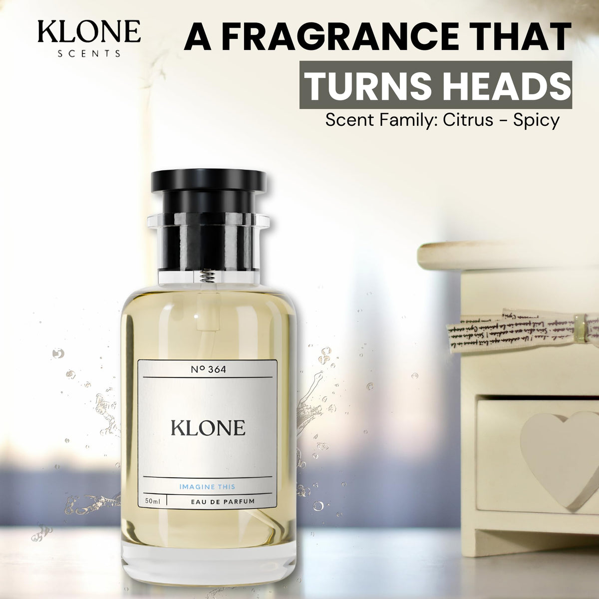 Klone fragrance poured beside citrus to show fresh bright top notes