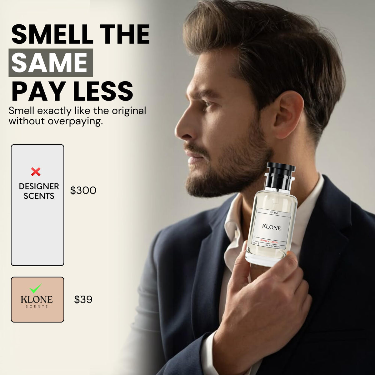 Klone bottle angled to highlight label and premium glass finish benefit