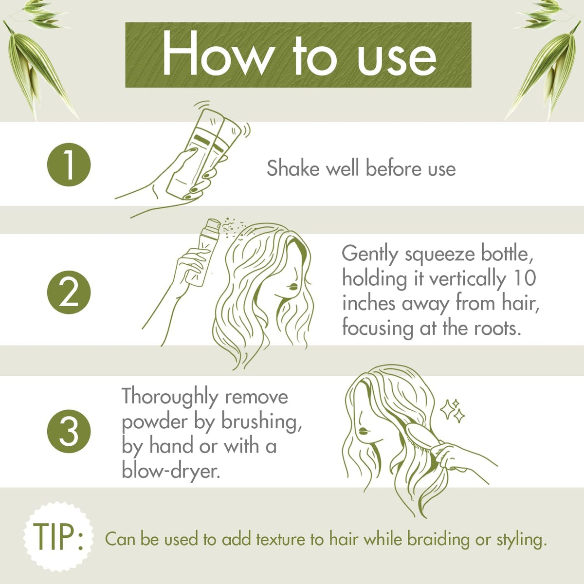 Klorane bottle in hand applying powder to roots for quick oil absorption