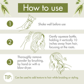 Klorane bottle in hand applying powder to roots for quick oil absorption