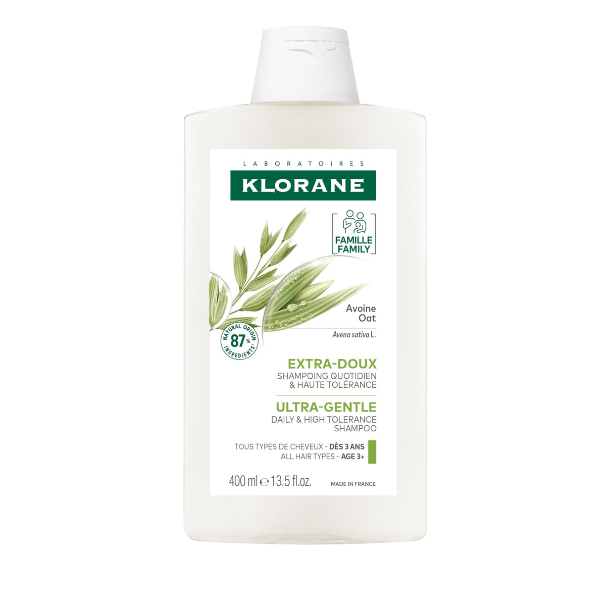Klorane bottle front view showing label and gentle family shampoo benefits