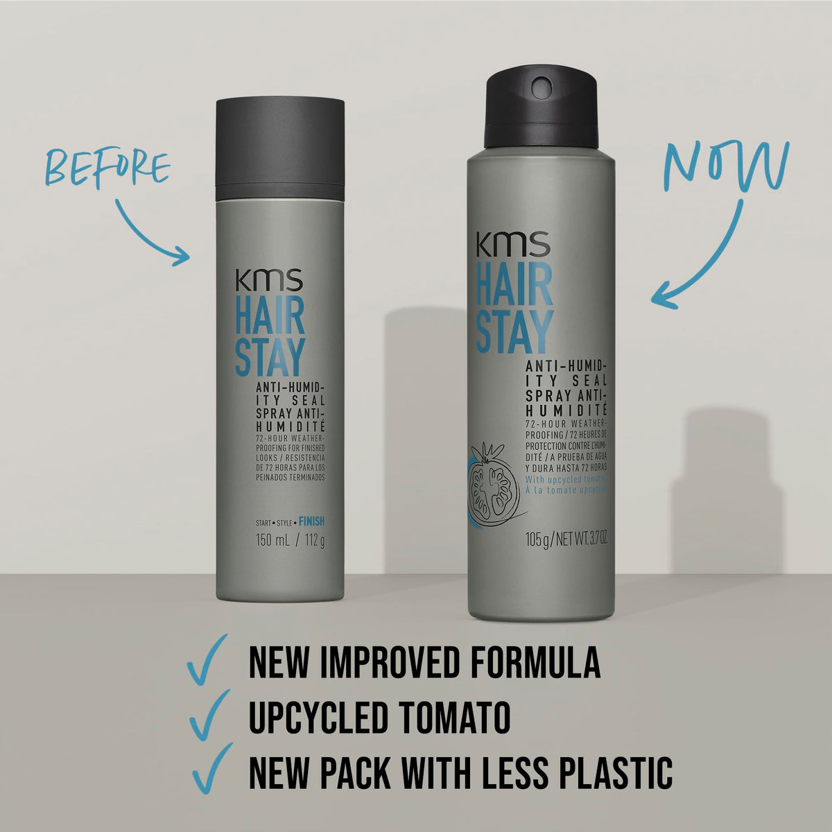 KMS HAIRSTAY held in hand to show compact 3.7 oz travel-friendly size