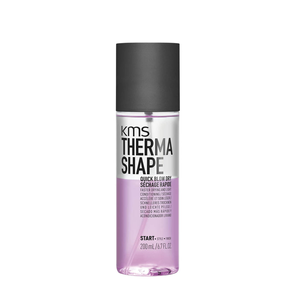 KMS ThermaShape front bottle image showing sleek packaging and quick-dry benefit