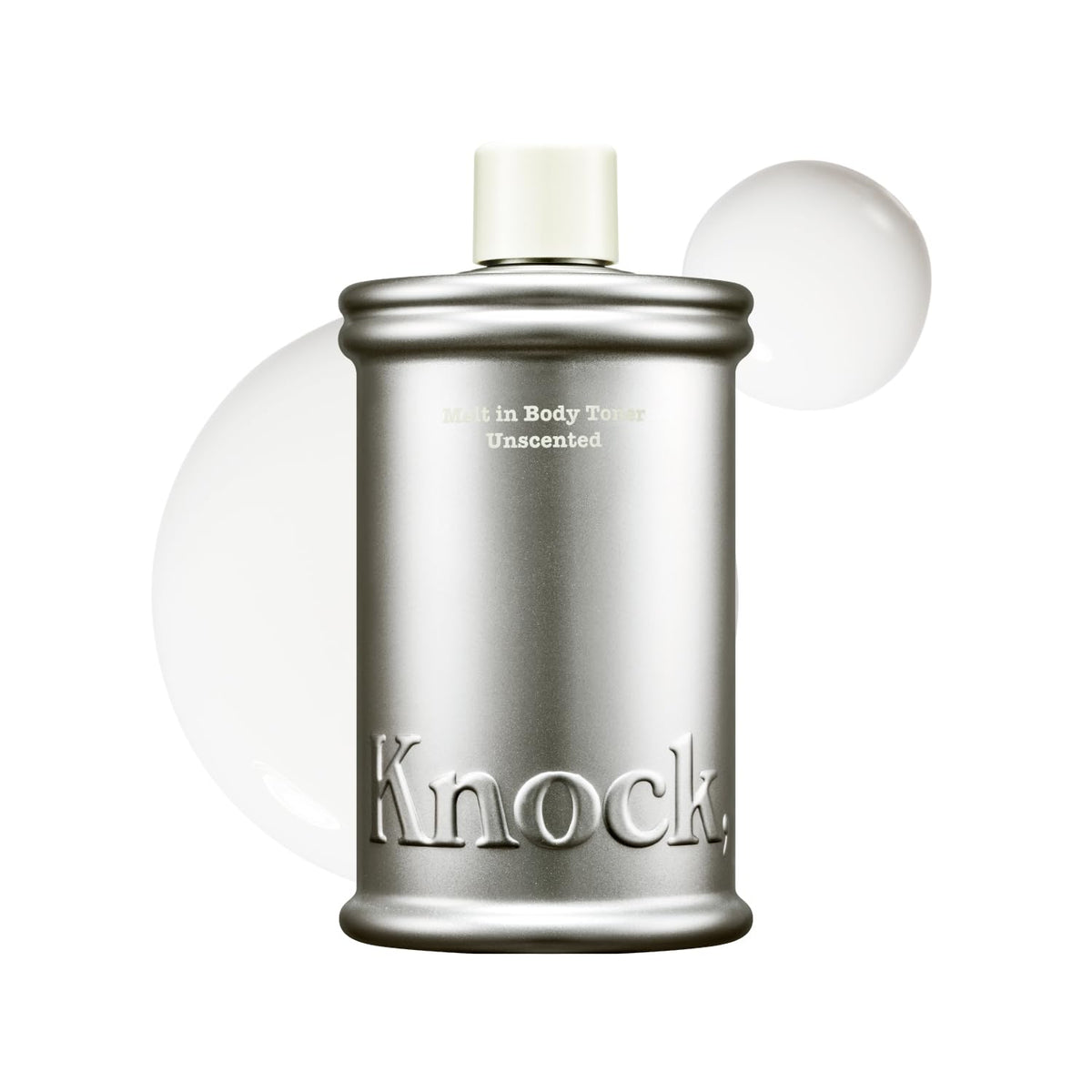 Knock front bottle view showing clean label and pump, highlights easy application