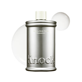 Knock front bottle view showing clean label and pump, highlights easy application