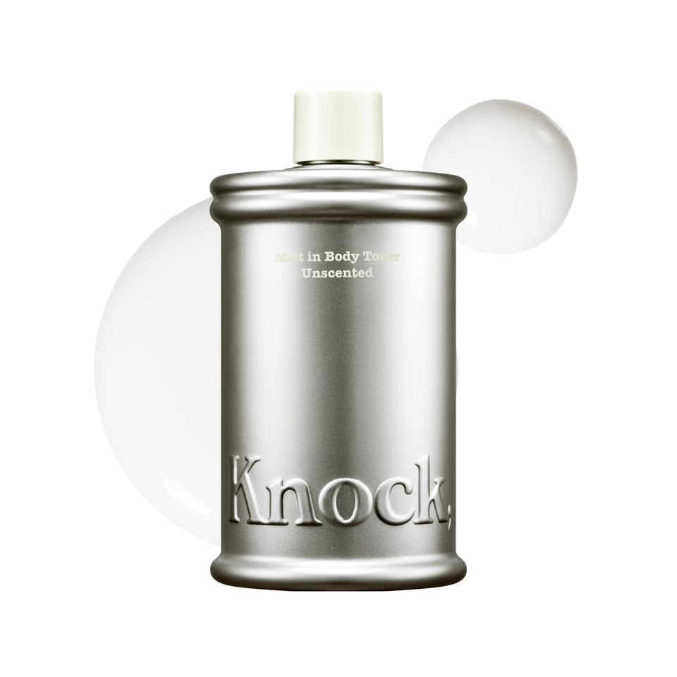 Knock front bottle view showing clean label and pump, highlights easy application