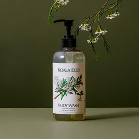 Koala Eco body wash lathered in hand under shower illustrating refreshing clean feeling