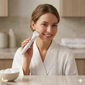 Koi Beauty derma stamp held over cheek demonstrating controlled stamping for targeted application